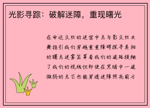 光影寻踪：破解迷障，重现曙光