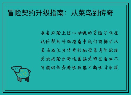 冒险契约升级指南：从菜鸟到传奇