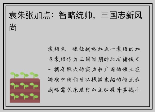 袁朱张加点：智略统帅，三国志新风尚