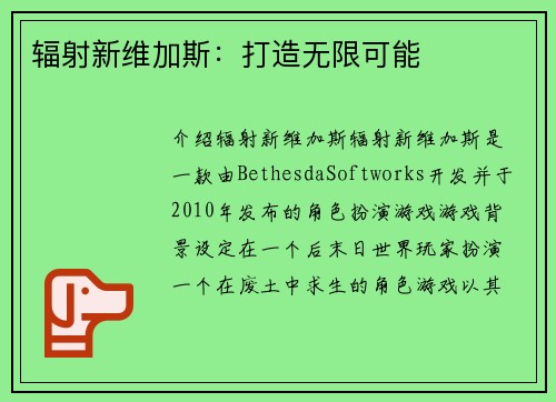 辐射新维加斯：打造无限可能