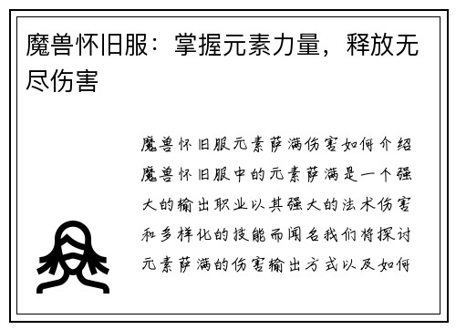 魔兽怀旧服：掌握元素力量，释放无尽伤害
